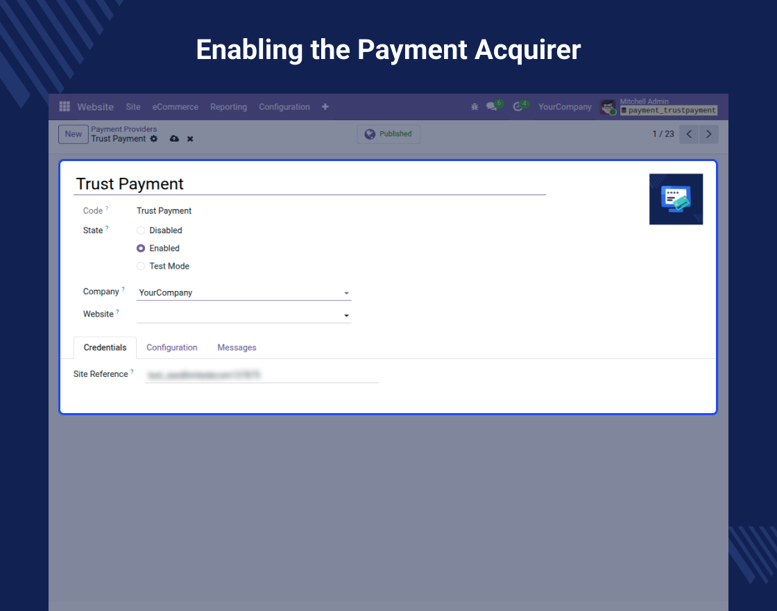 Odoo Website TrustPayment Acquirer
