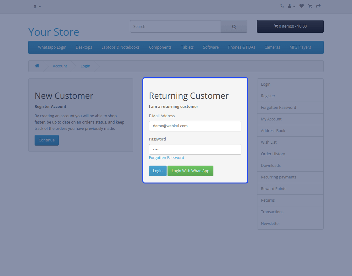 OpenCart WhatsApp Login