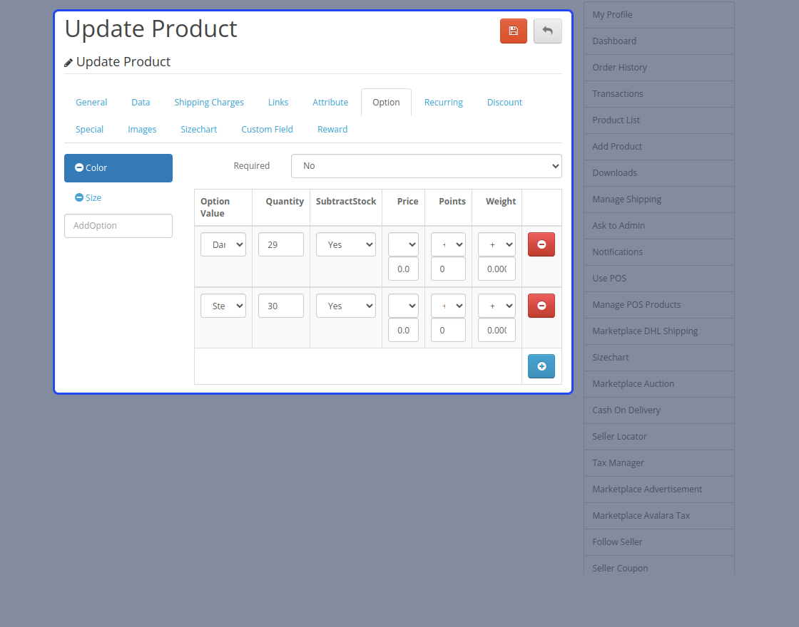 Opencart Marketplace Seller Custom Option