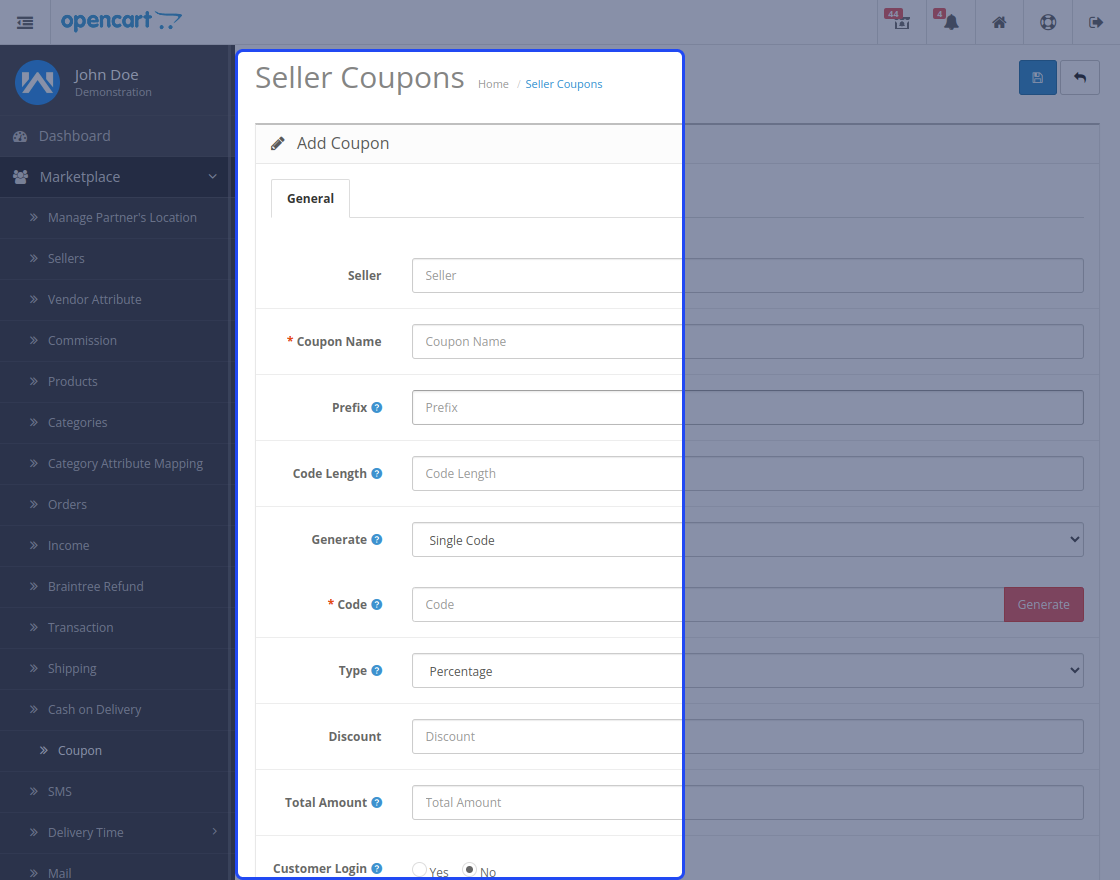 Opencart Marketplace Seller Coupons
