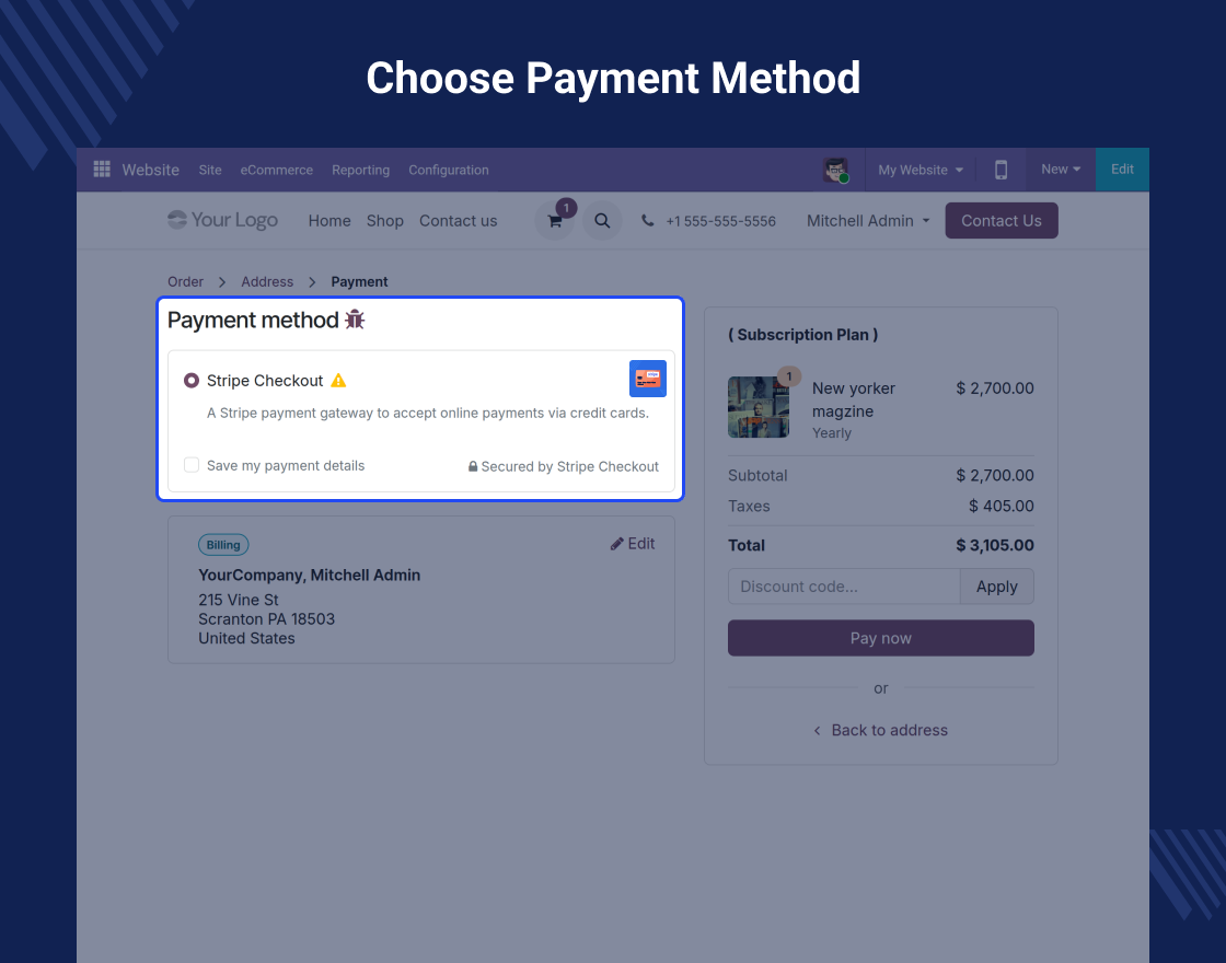 Odoo Website Stripe Recurring Payment Acquirer